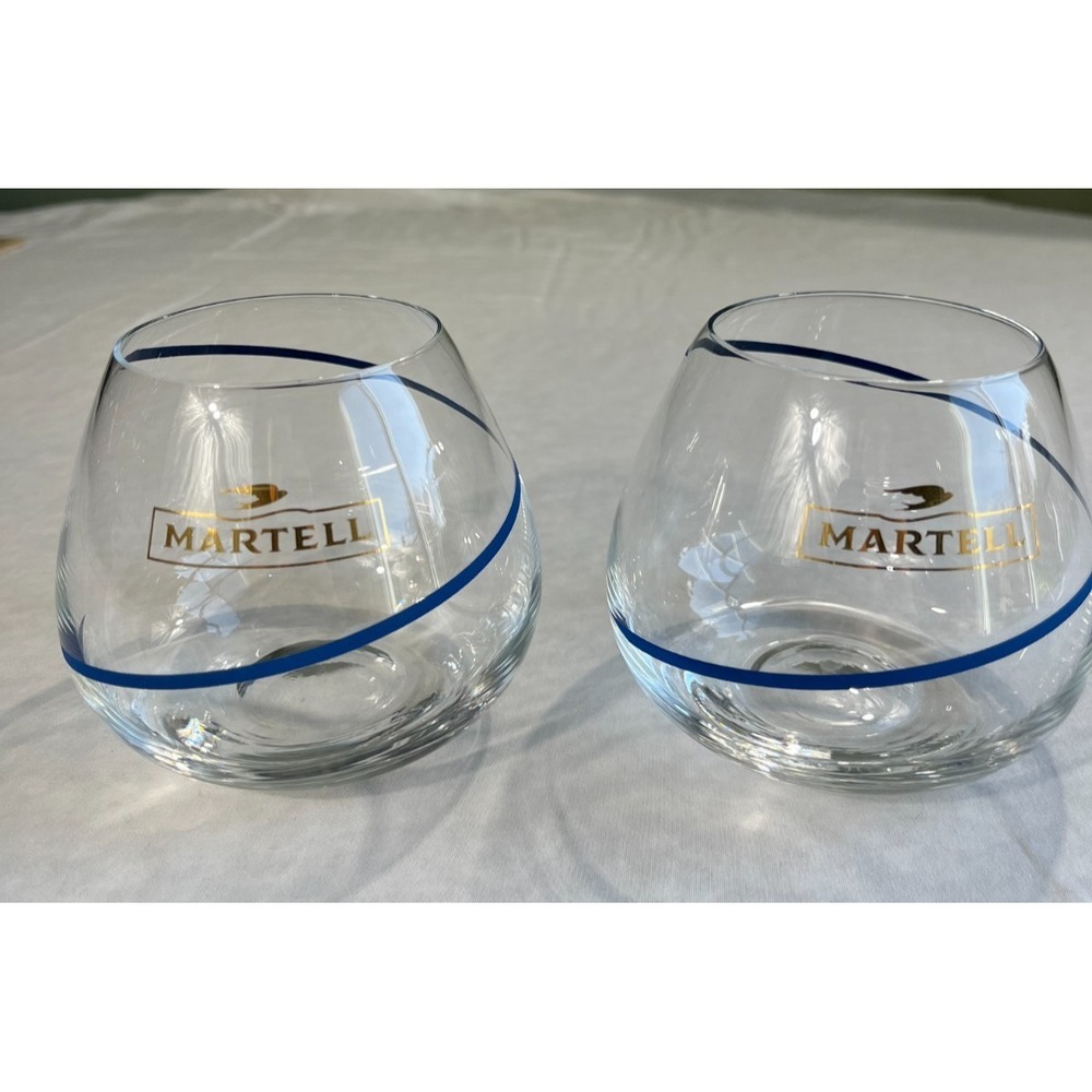 Martell Brandy Snifter Glasses Set of 2 Vintage Cognac Blue Stripe Barware